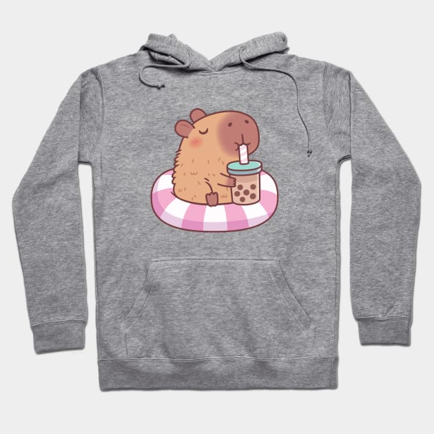 Cute Capybara On Pool Float Drinking Bubble Tea Hoodie by rustydoodle